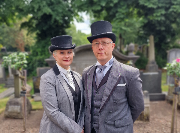 Jason and Sarah O'Brien dressed for leading a funeral